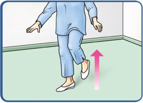 Abbildung Schwindelübungen: Beim Laufen Beine nach hinten zum Po anheben